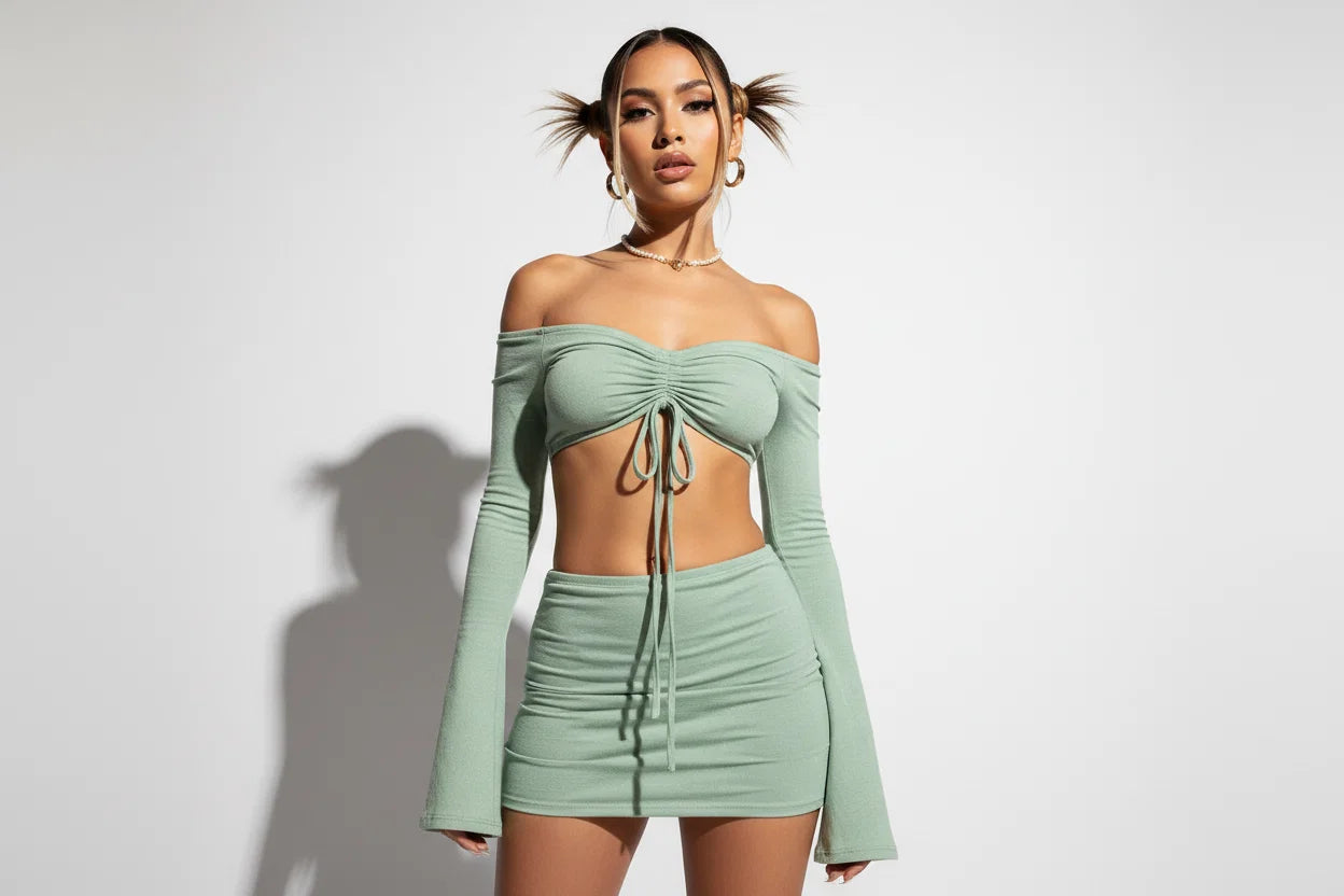 Ruched Off Shoulder Two-piece Skirt Set